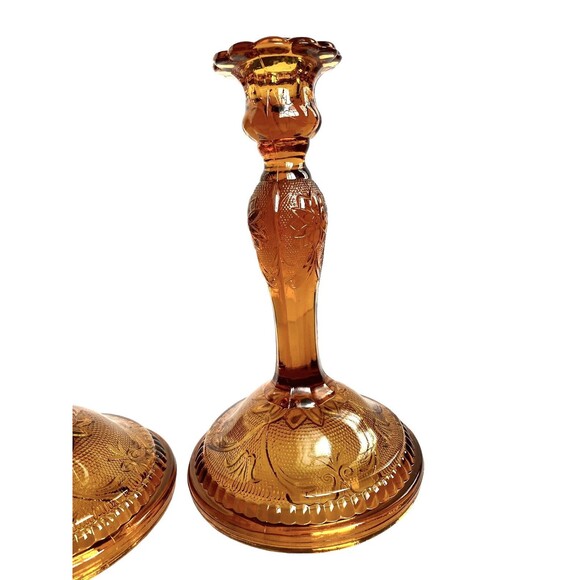 Vtg CandleSticks Tiara Amber Indiana Glass Sandwich1940 8.5"candle holder set 2 - Picture 5 of 16